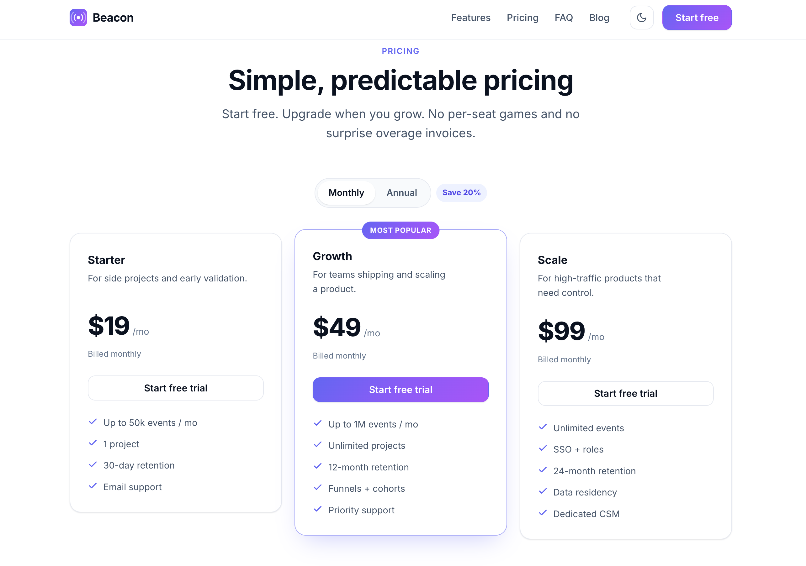 Beacon demo built with Astro - pricing page
