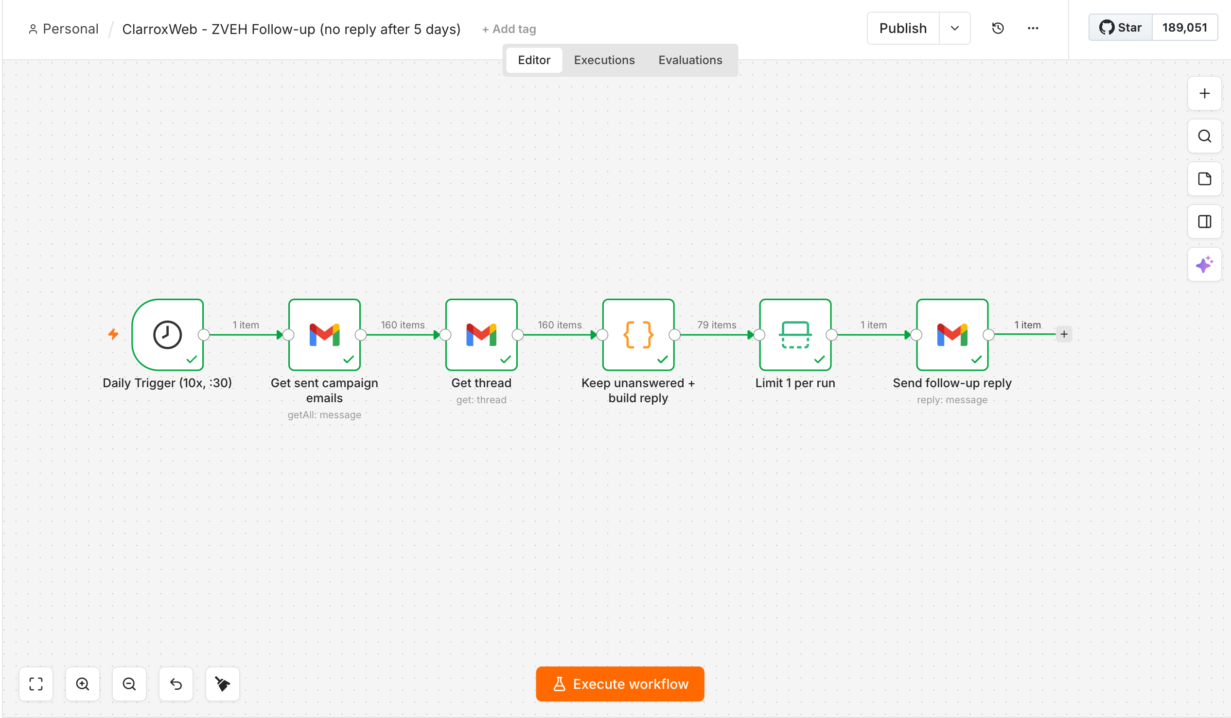 n8n workflow that automates email follow-ups for unanswered outreach