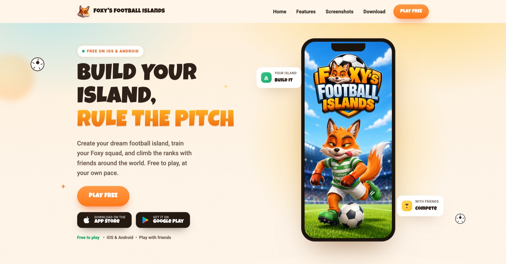 Foxy's Football Islands landing page hero: Build Your Island, Rule the Pitch, with App Store and Google Play buttons