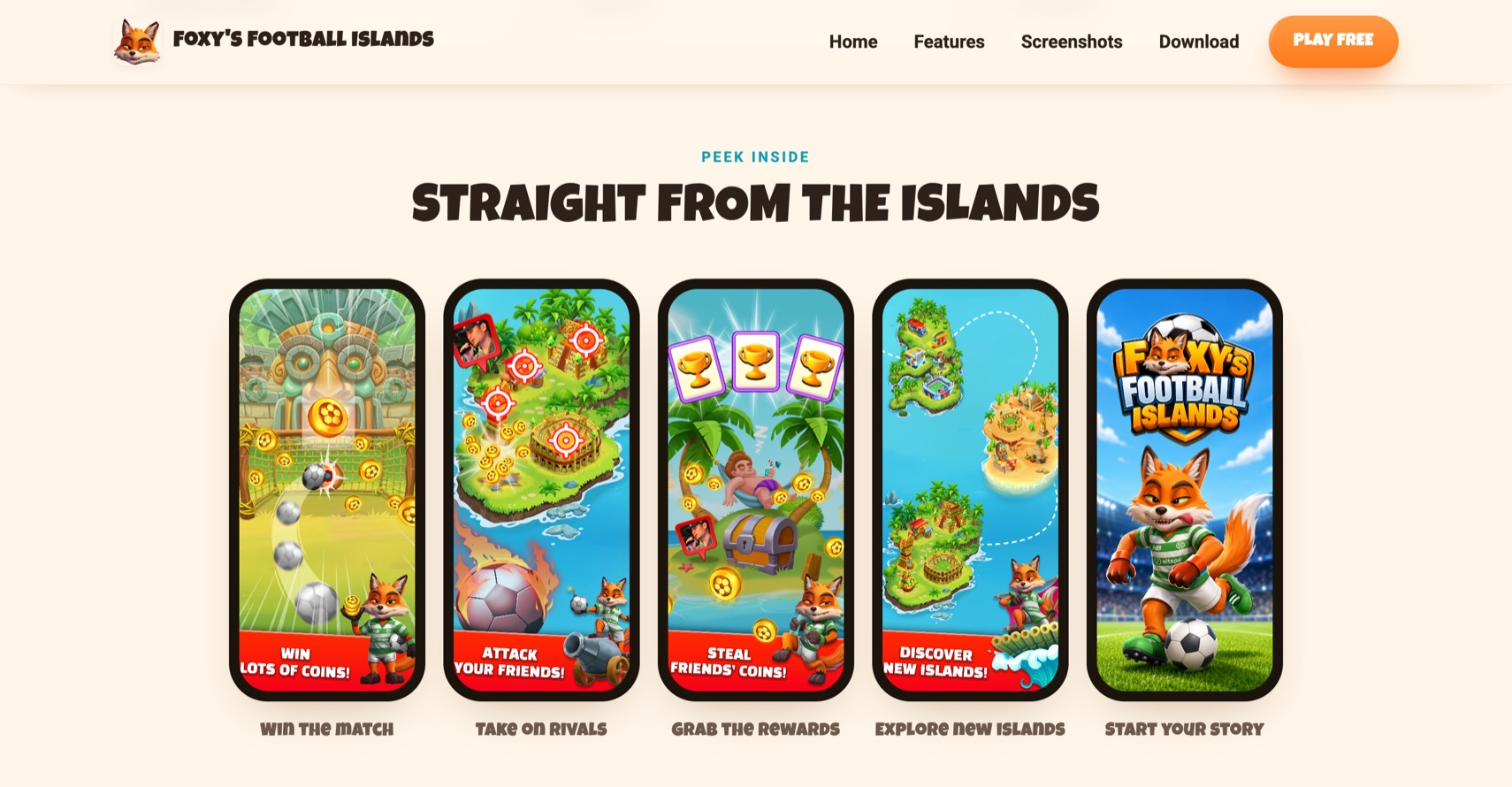 Gameplay section, Straight from the Islands, five phone frames showing real game screens