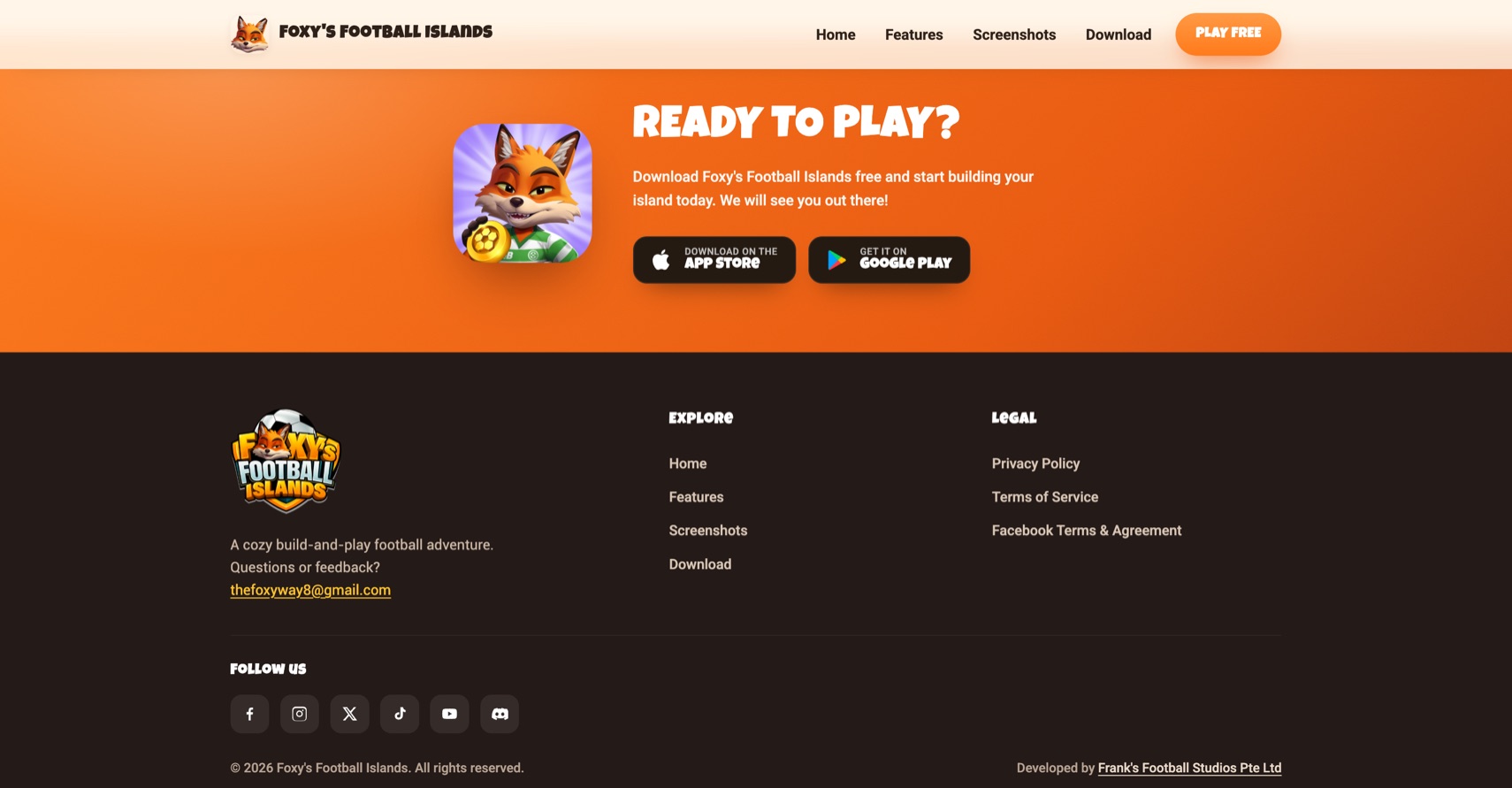 Download call to action, Ready to Play, with store buttons and the site footer