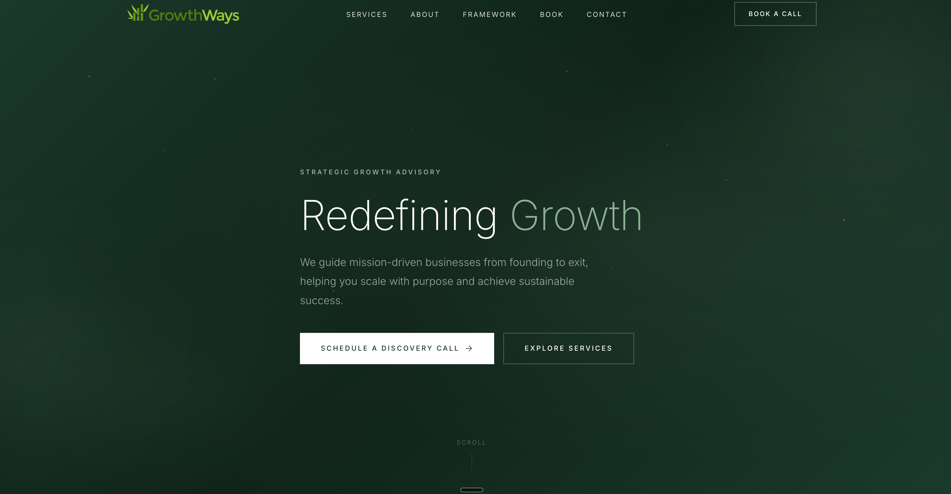 GrowthWays website redesign mockup - dark editorial hero reading Redefining Growth