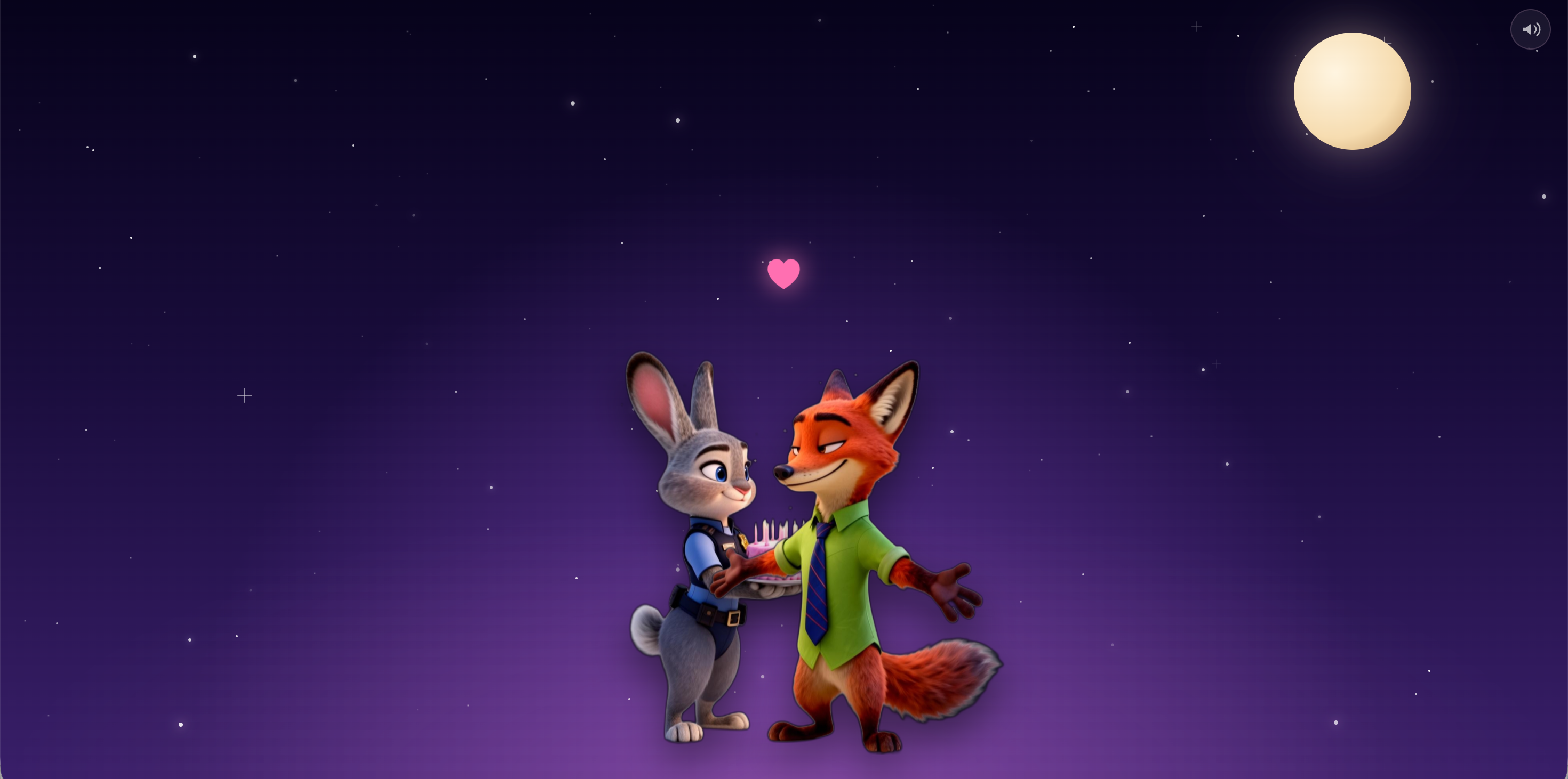 Animated birthday microsite - Zootopia-themed night sky with Nick and Judy characters